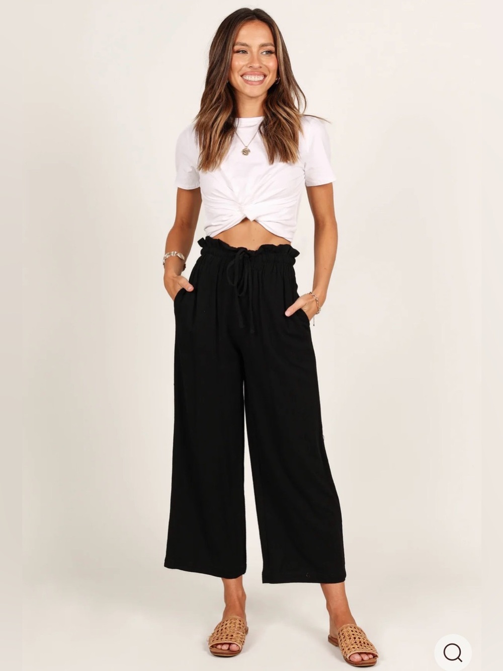 Petal & Pup NWT Black Wide Leg Drawstring Paperbag Waist Crop Pants Size 8